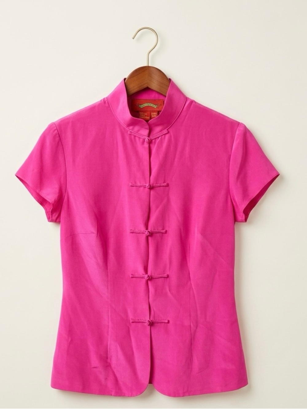 SOLD • Shanghai Tang 100% Silk Mandarin Collar Frog Button Blouse Hot Pink